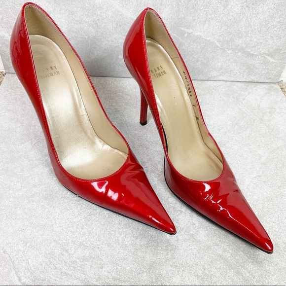 stuart weitzman red patent leather pumps